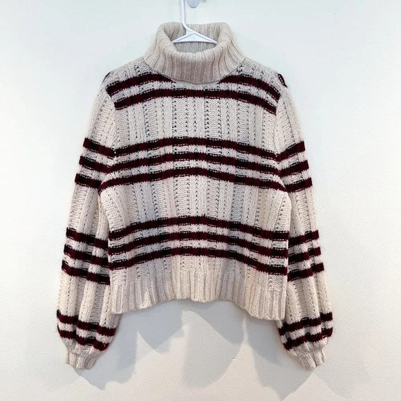 ALC Cream Red Striped Wool Mohair Blend Balloon Sleeve Turtleneck Sweater XS - Picture 2 of 8